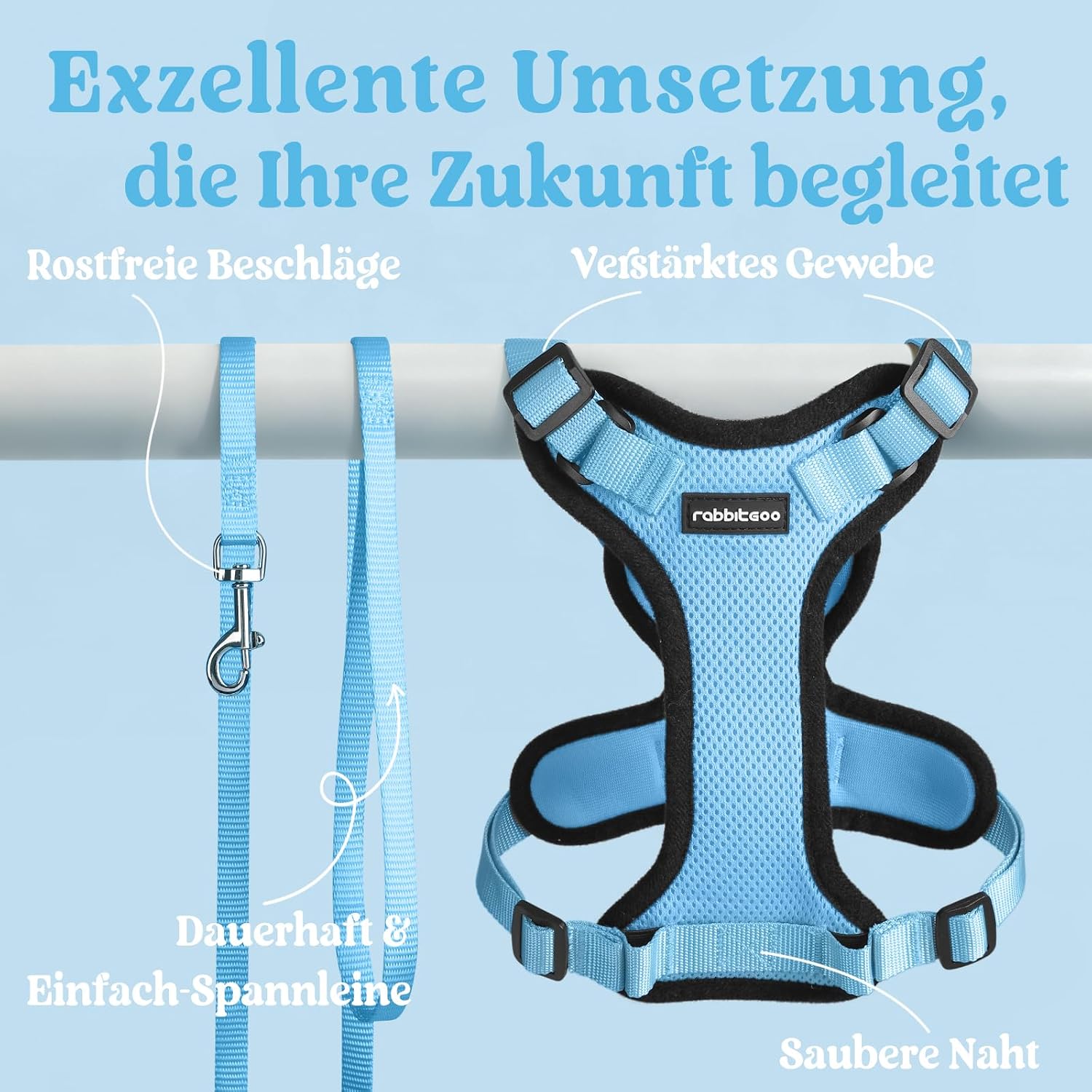 rabbitgoo Katzenweste Geschirr ausbruchsicher verstellbar XS Hellblau mit Leine