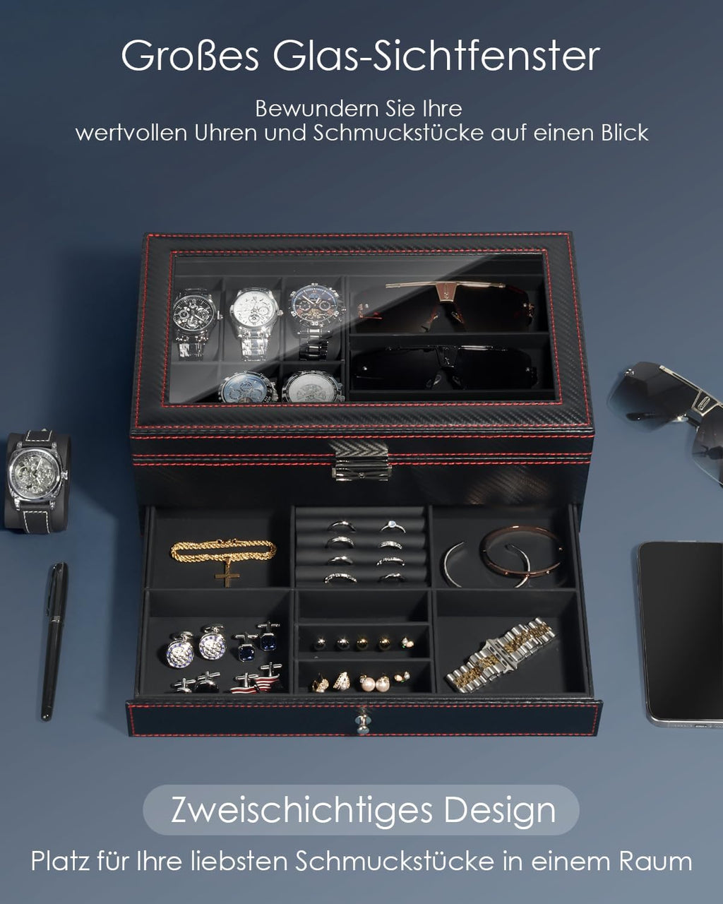 Uhren- und Sonnenbrillenbox mit Glasdeckel 6 Faecher Schmuckkasten Herren