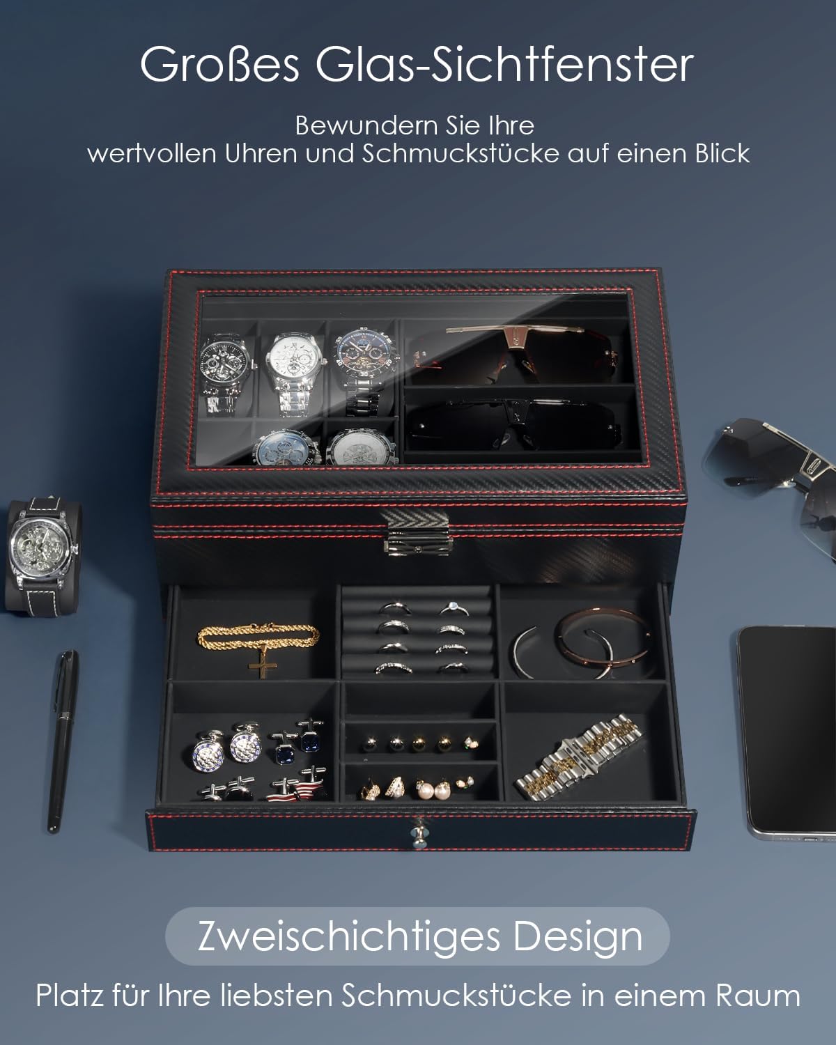 Uhren- und Sonnenbrillenbox mit Glasdeckel 6 Faecher Schmuckkasten Herren