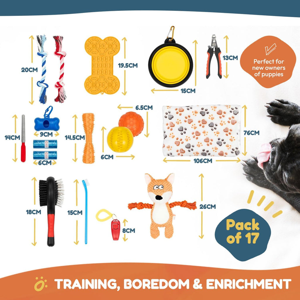 Pets & Play Welpen Starter Set 17 Teile fuer Pflege Spiel und Reise