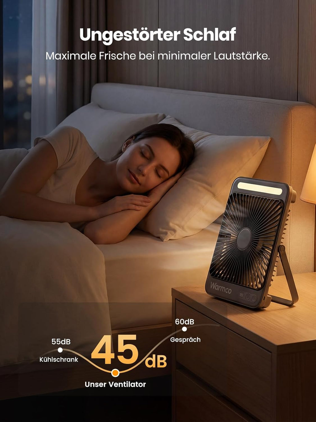 Warmco Akku-Ventilator 20000 mAh 27 cm mit Lampe, Display, Haken, USB