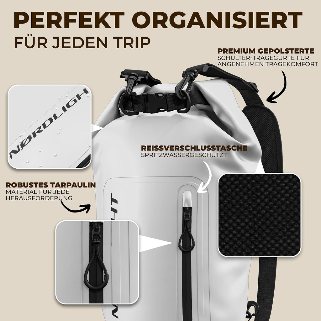 Nordlight Dry Bag 10 L wasserdichter Packsack mit Schultergurt und Handyhuelle We