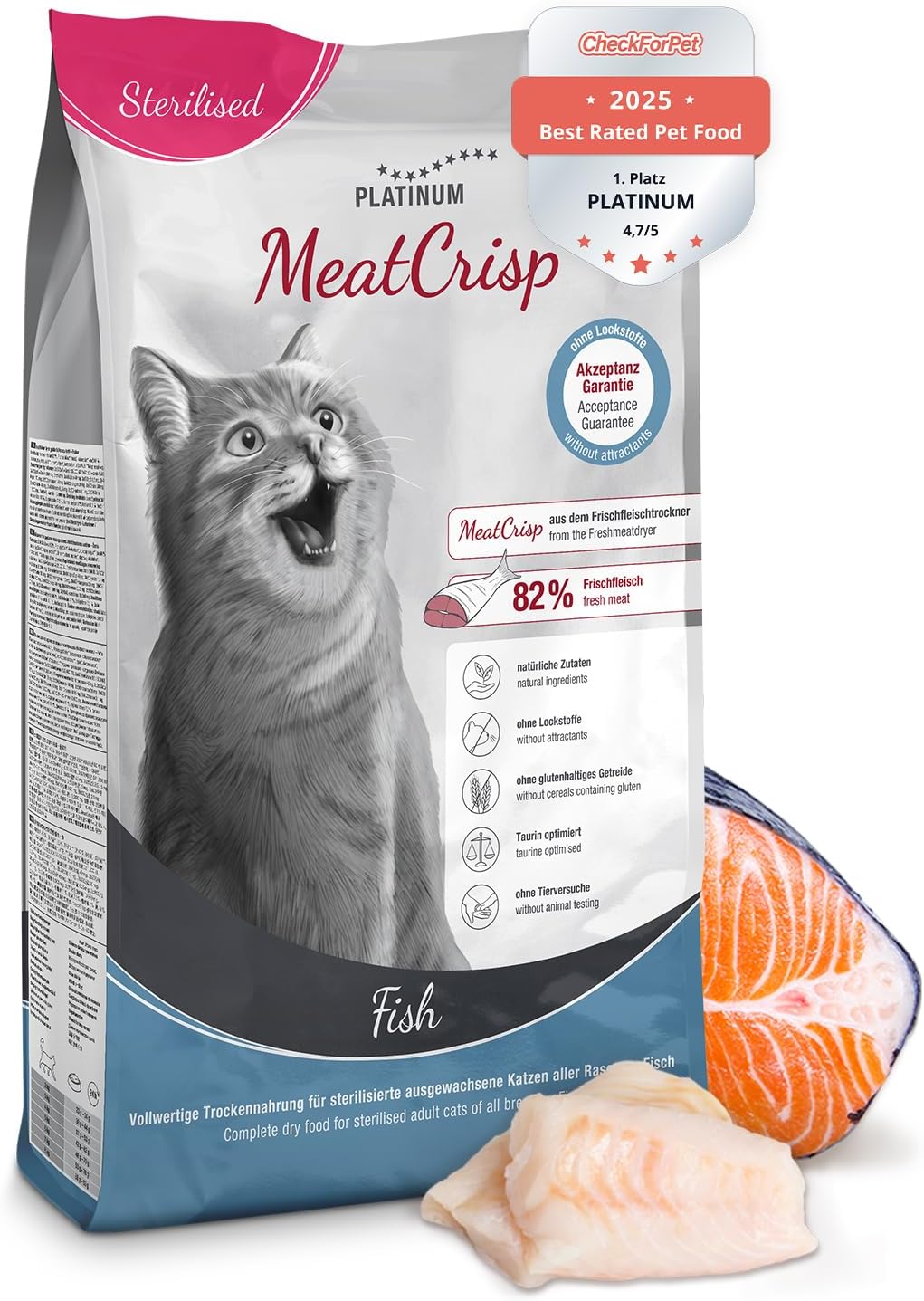 Katzen Trockenfutter Sterilisiert 82% Fisch 1,5kg MeatCrisp PLATINUM