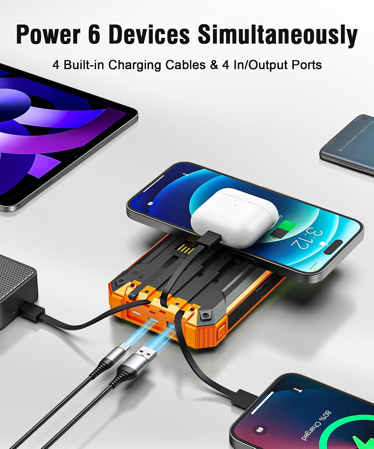 Solar Powerbank 26800 mAh, Wireless 15W, USB‑C Ein/Aus, integrierte 4 Kabel, Tas