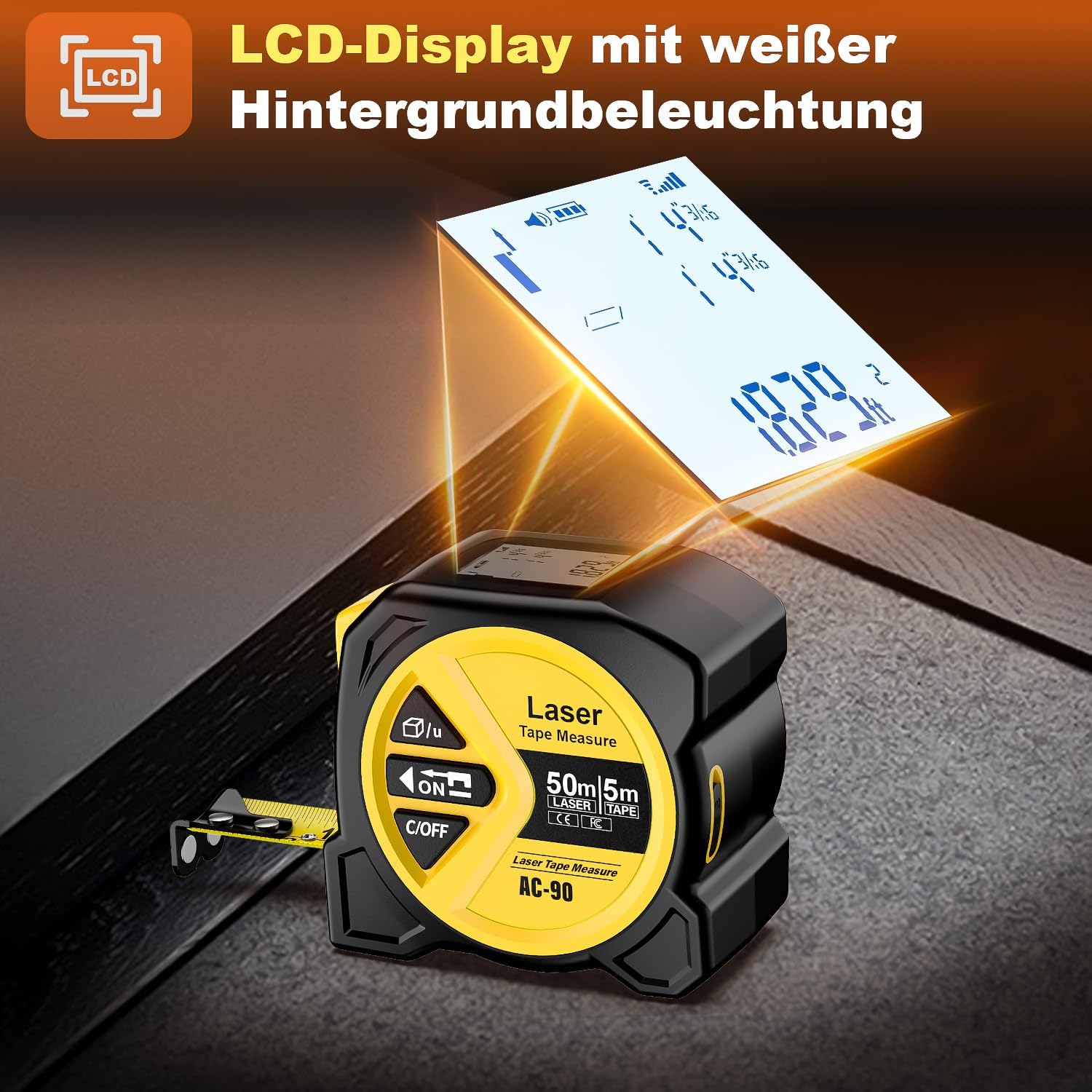 Laser-Entfernungsmesser 50 m mit 5 m Stahlmassband, Flaechen Volumen Pythagoras, L