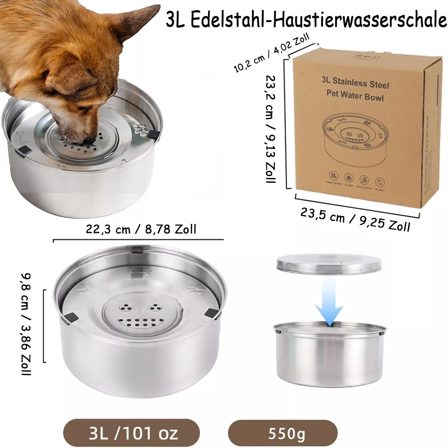 3 L Edelstahl Antischling Napf fuer Hunde Reise Slow Feeder Mittelgrosses