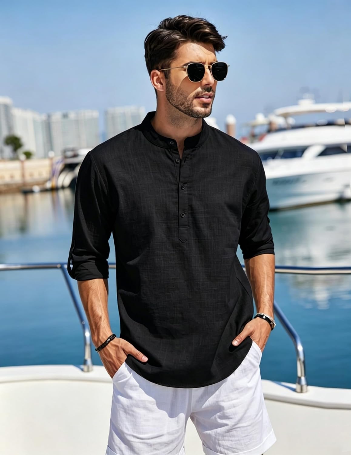 Cegerne Herren Leinenhemd Langarm Henley Sommerhemd Freizeit Strand S-3XL