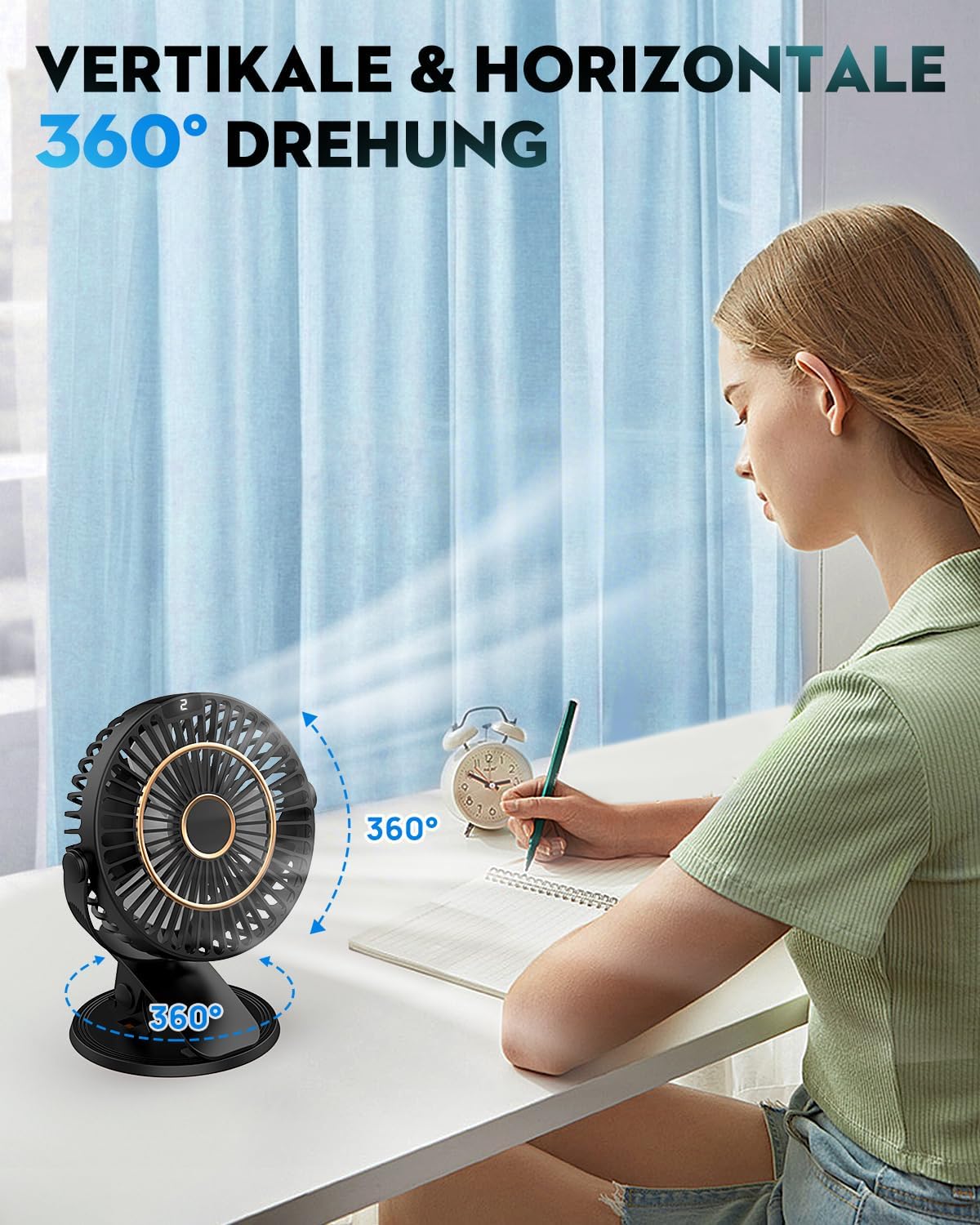 COZII 16cm USB Clip Tischventilator leise 5 Stufen 720° drehbar mit LED