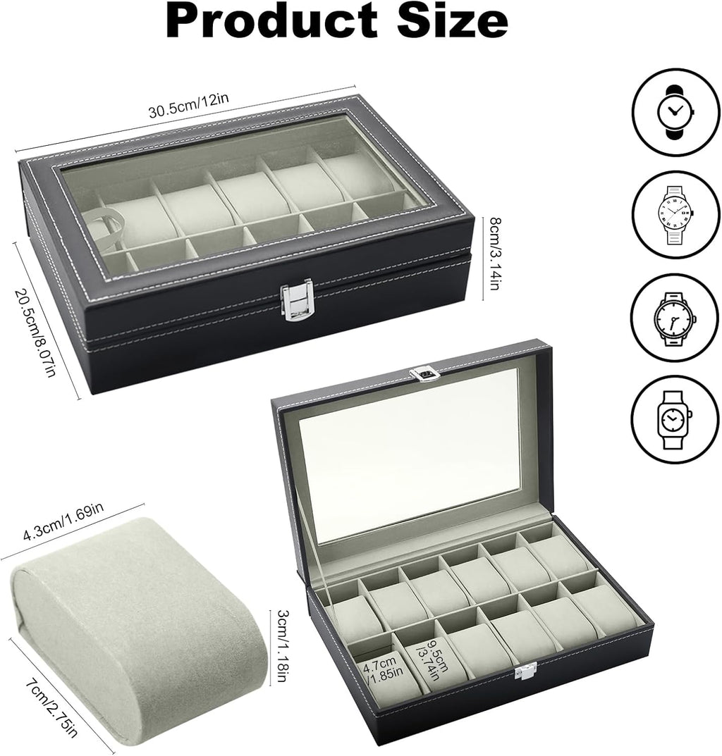 Uhrenbox fuer 12 Uhren mit Glasdeckel, PU-Leder, Samtinnenfutter