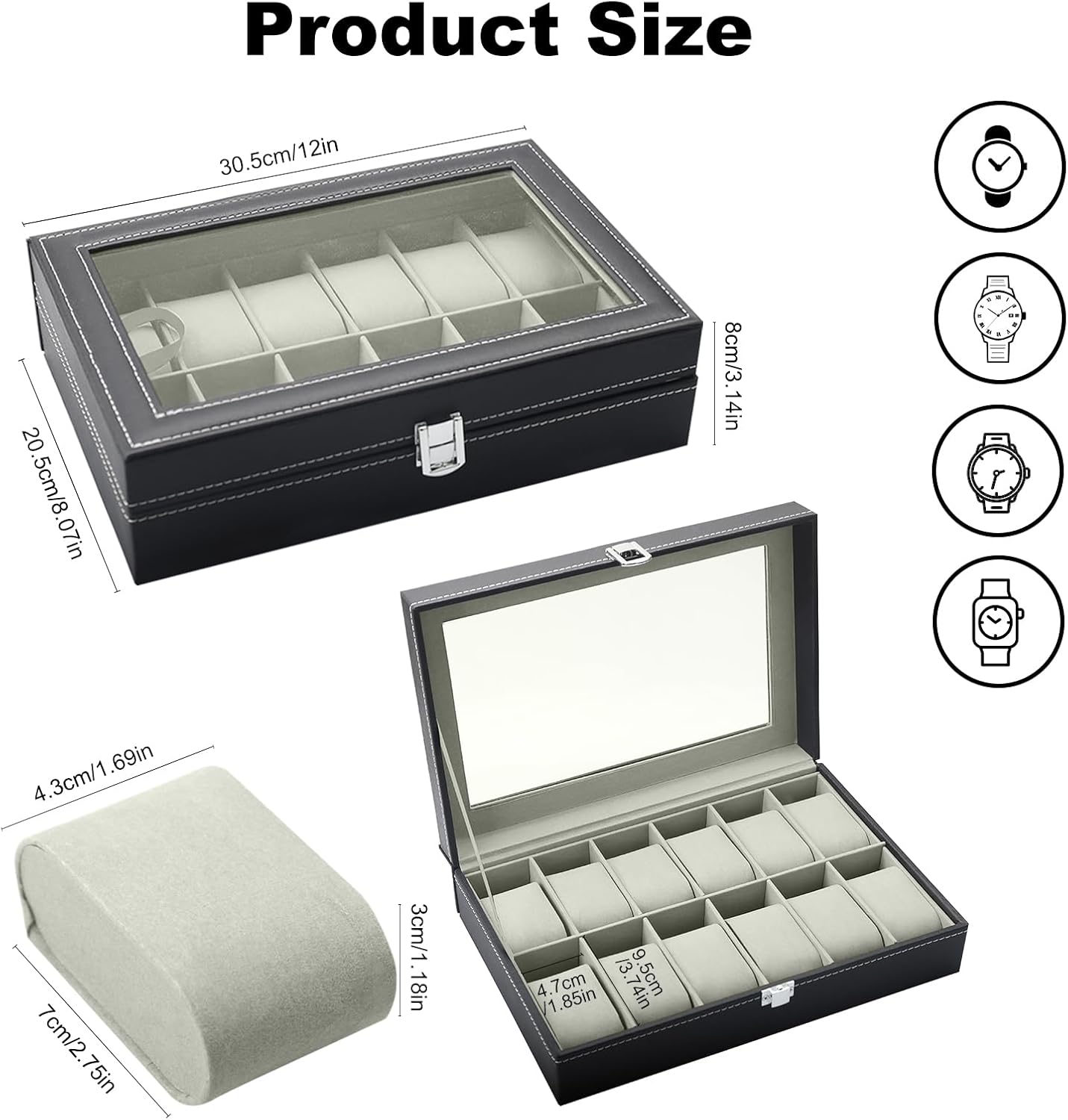 Uhrenbox fuer 12 Uhren mit Glasdeckel, PU-Leder, Samtinnenfutter