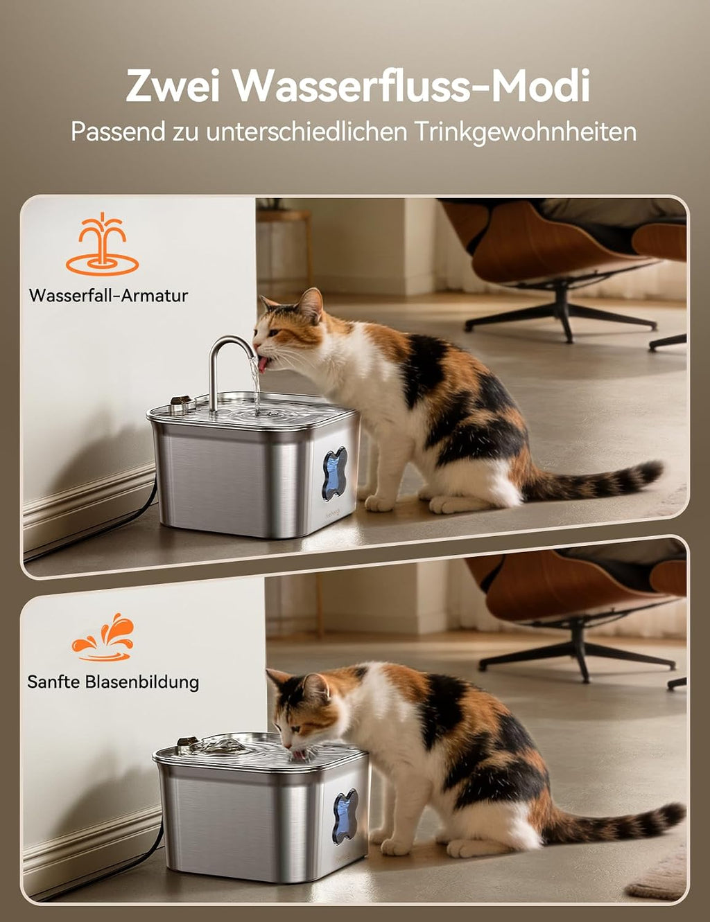 FEELNEEDY Katzenbrunnen Edelstahl 2,8L mit 4-fach Filter leise mit LED