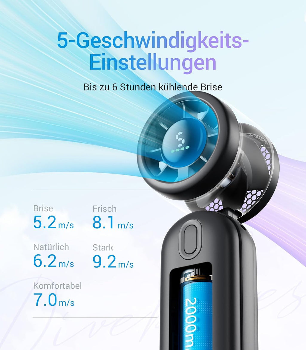 Diveblues iTurbo Handventilator 3-in-1 Hand Hals Tisch 5 Stufen LED Akku