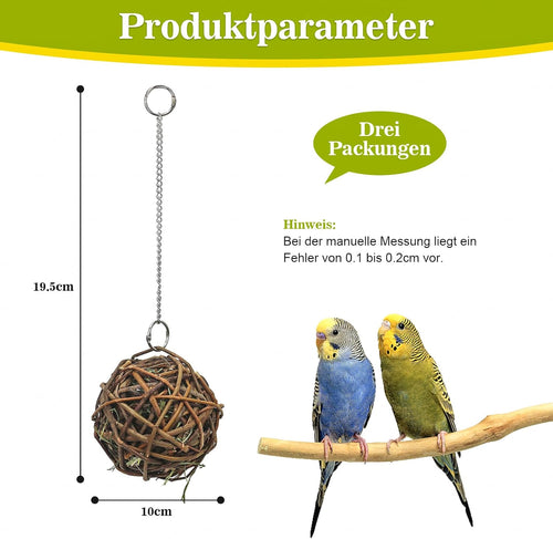 3x Weidenbälle Vogelspielzeug 10cm mit Heu Papagei Wellensittich Kauspiel