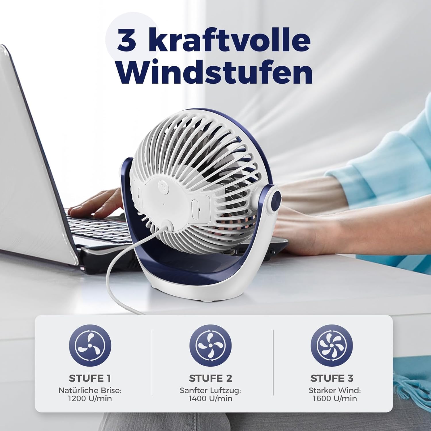 OCOOPA USB Tischventilator 360° drehbar, leise, 3 Geschwindigkeiten, tragbar