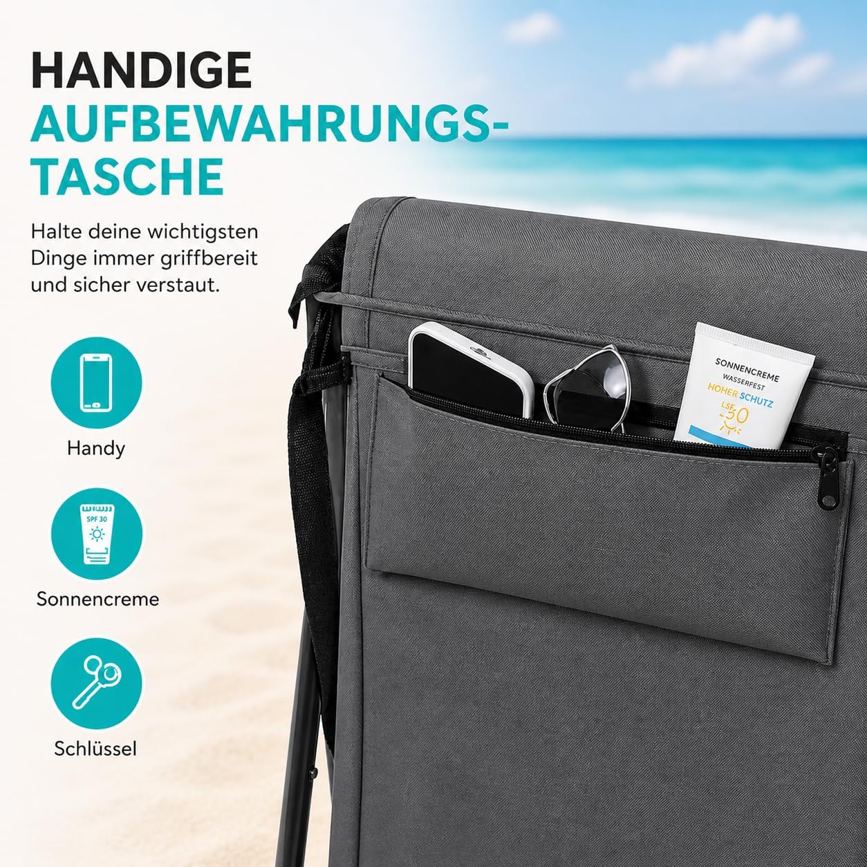 Intimo Living Strandliege klappbar verstellbar 152x51 cm Grau mit Tasche