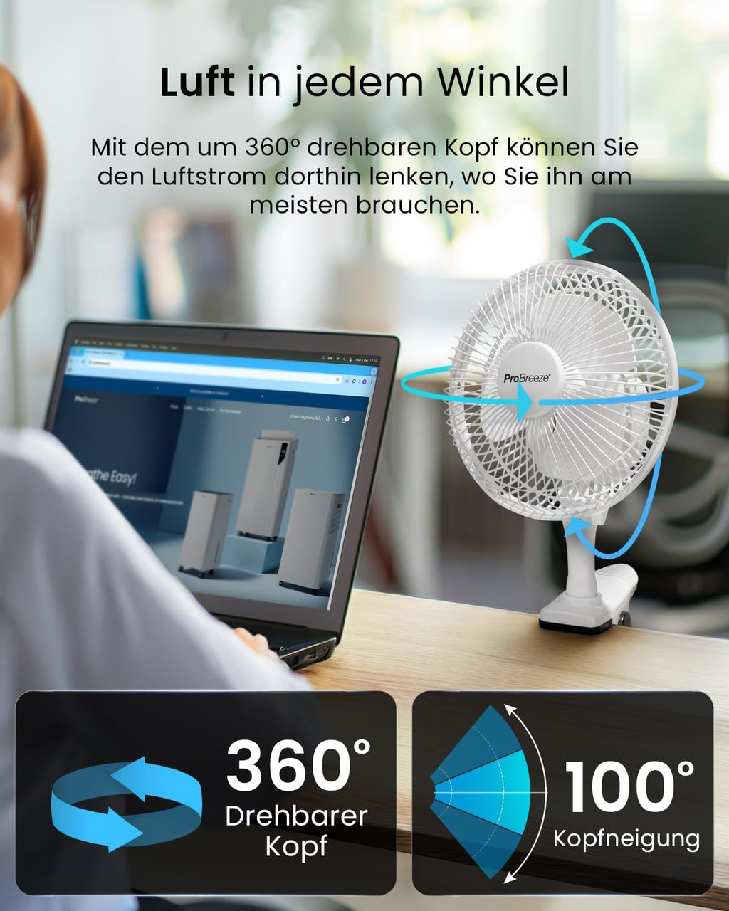 Pro Breeze Mini Clipventilator 20 cm, 2 Stufen, leise Tischventilator fuer Schrei