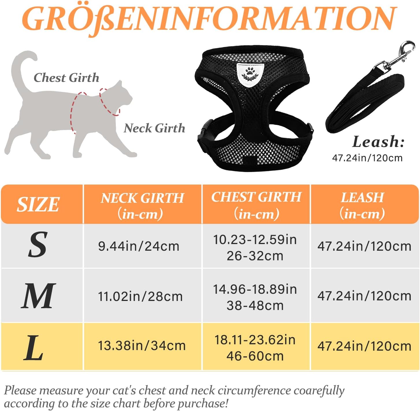 Katzengeschirr verstellbar 32cm-60cm atmungsaktiv mit Leine und Gloeckchen