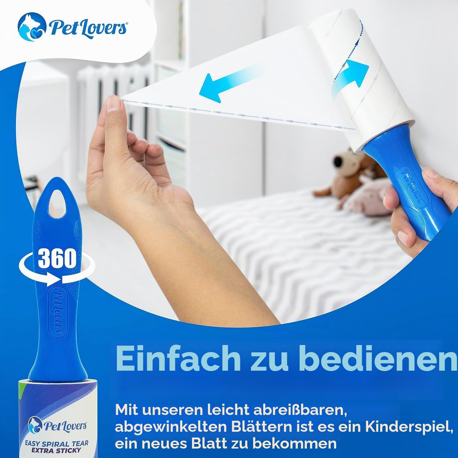 PetLovers Fusselrolle 450 Blatt extra klebrig fuer Tierhaare auf Kleidung und Moebeln