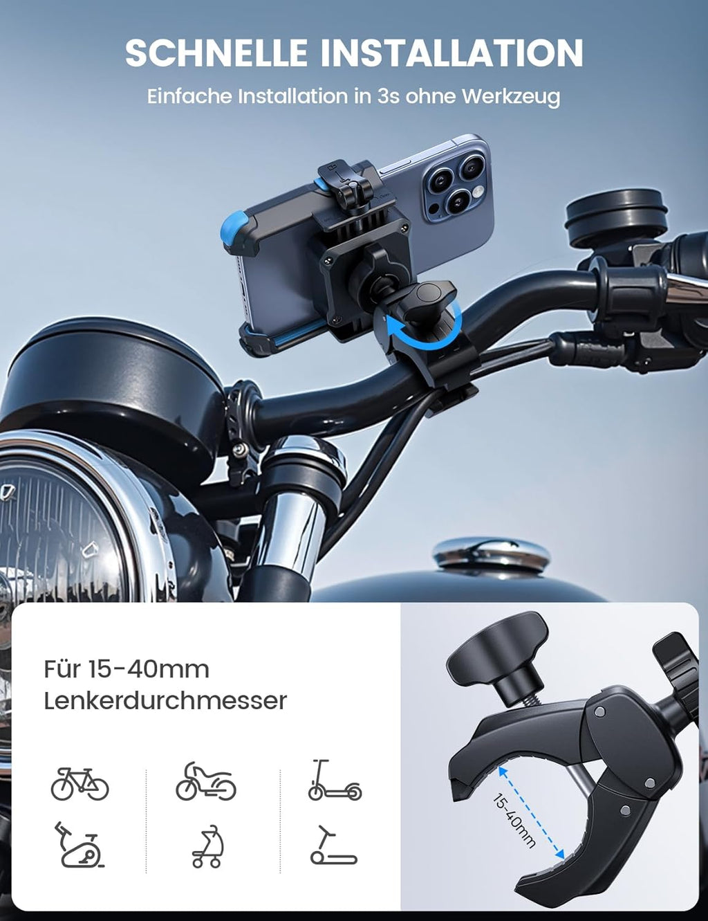 Fahrrad Lenkerhalterung 360° Universal mit 1S Sperre Handyhalterung