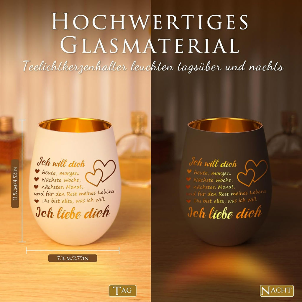 Teelichthalter Weiss mit Schrift "Ich liebe dich" Geschenk fuer Partnerin