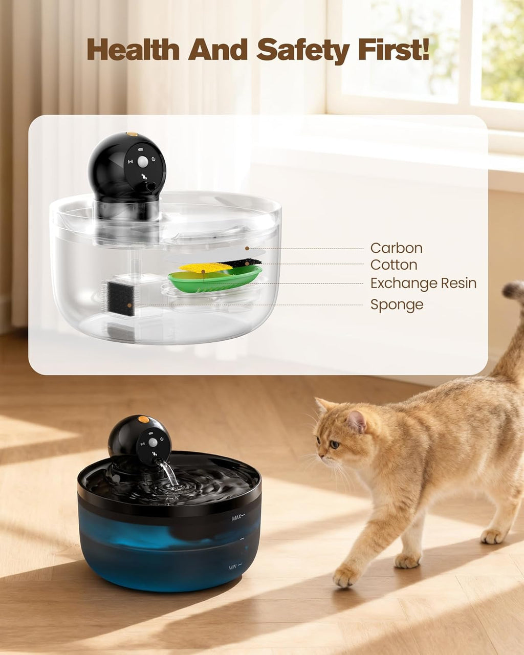 Katzen Trinkbrunnen kabellos mit Sensor Akku, 6 Kohlefilter + 3 Schwaemme, Schwar