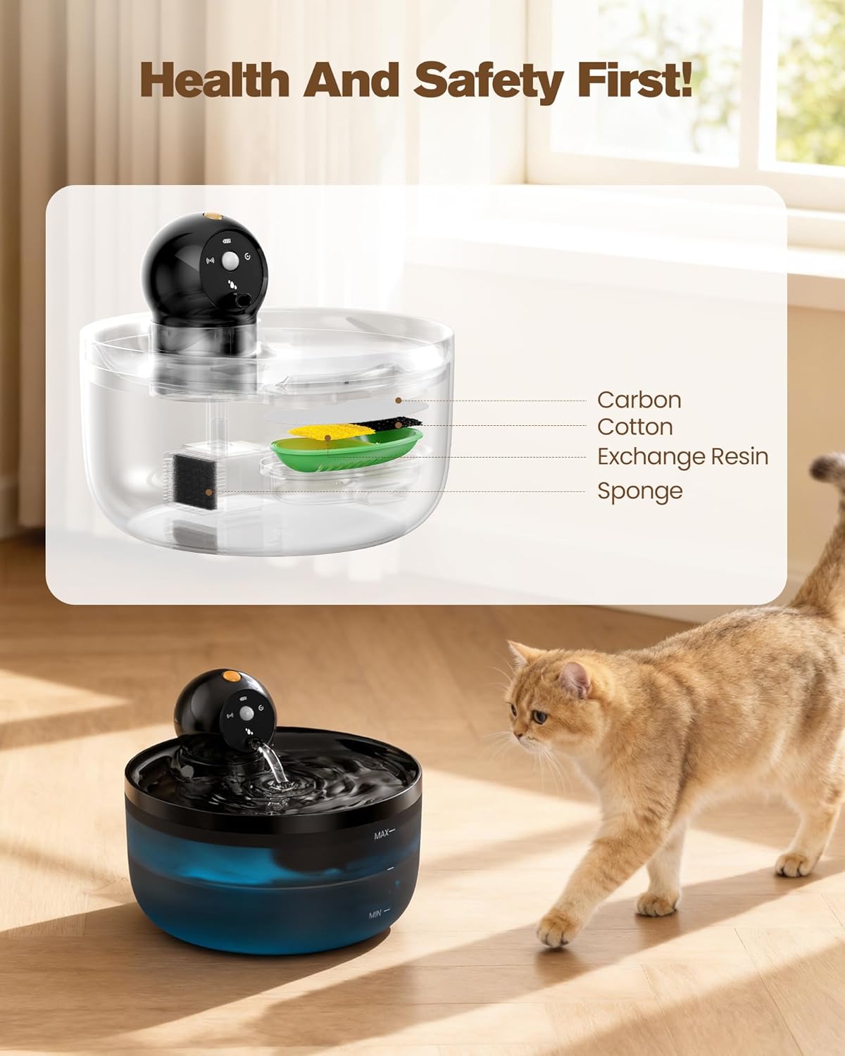 Katzen Trinkbrunnen kabellos mit Sensor Akku, 6 Kohlefilter + 3 Schwaemme, Schwar