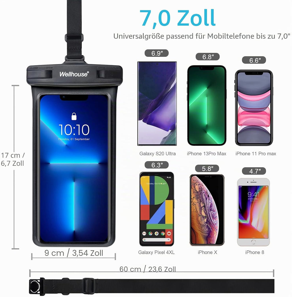 Universelle wasserdichte Handyhuelle bis 7,0" mit Lanyard, staub- und tauchsicher