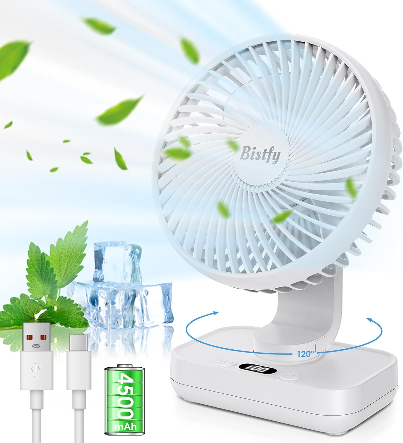 Tischventilator 5,5" Akku 4500 mAh oszillierend Leise 4 Geschwindigkeiten USB