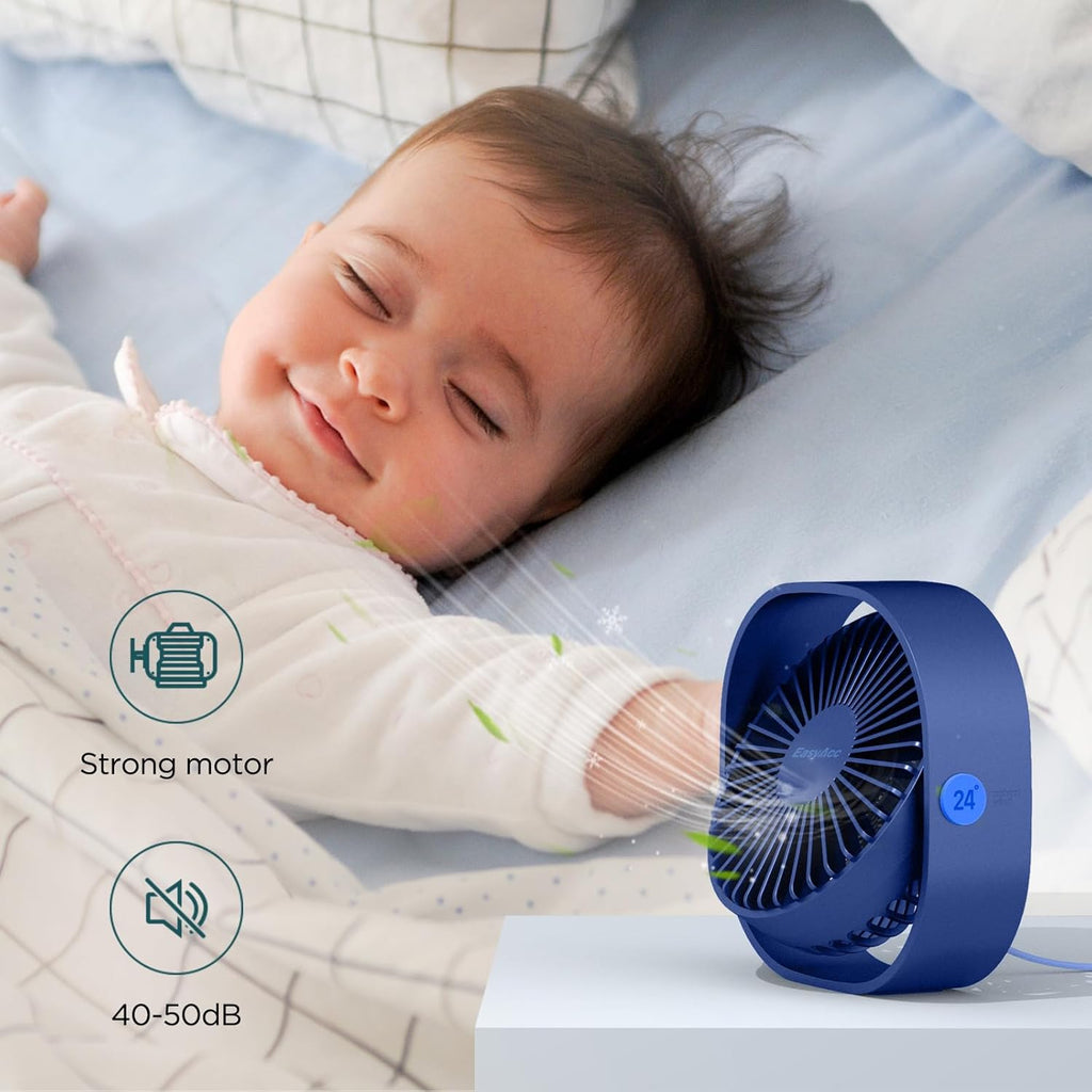 EasyAcc USB Tischventilator blau, leise, 3 Geschwindigkeiten, 360° Dreh