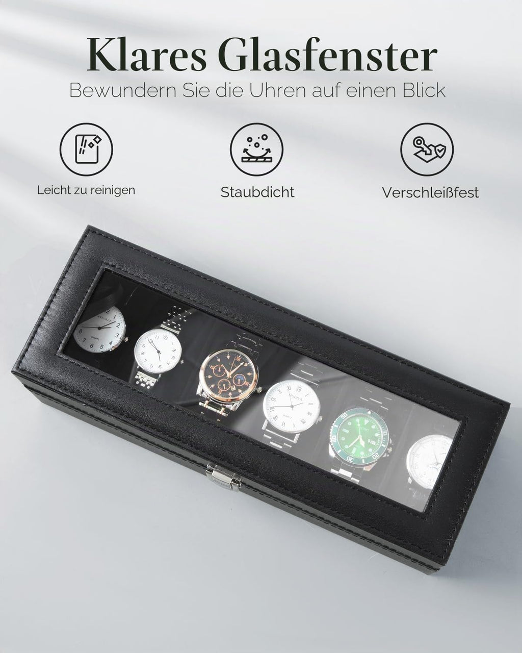 Ohuhu Uhrenbox 6 Faecher mit Glasdeckel Uhrenaufbewahrung