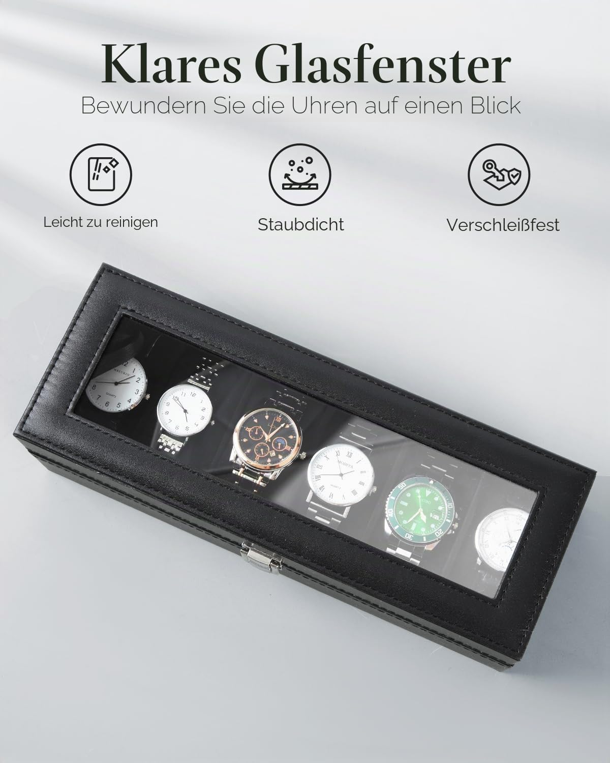 Ohuhu Uhrenbox 6 Faecher mit Glasdeckel Uhrenaufbewahrung