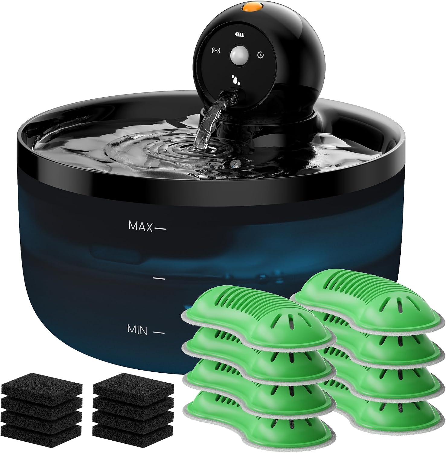 Katzen Trinkbrunnen kabellos mit Sensor Akku, 6 Kohlefilter + 3 Schwaemme, Schwar