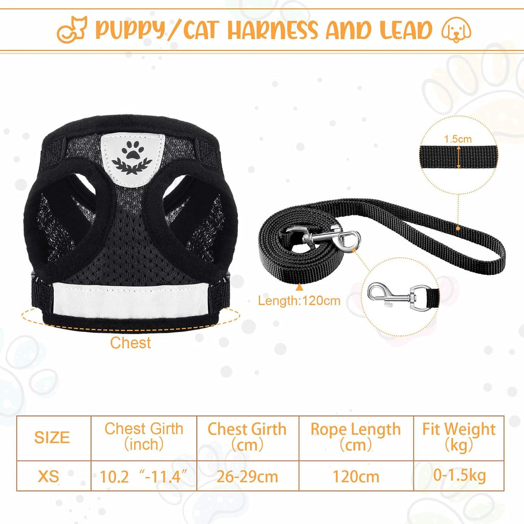 Welpen Katzen Geschirr mit Leine aus atmungsaktivem Mesh, verstellbar XS Schwarz