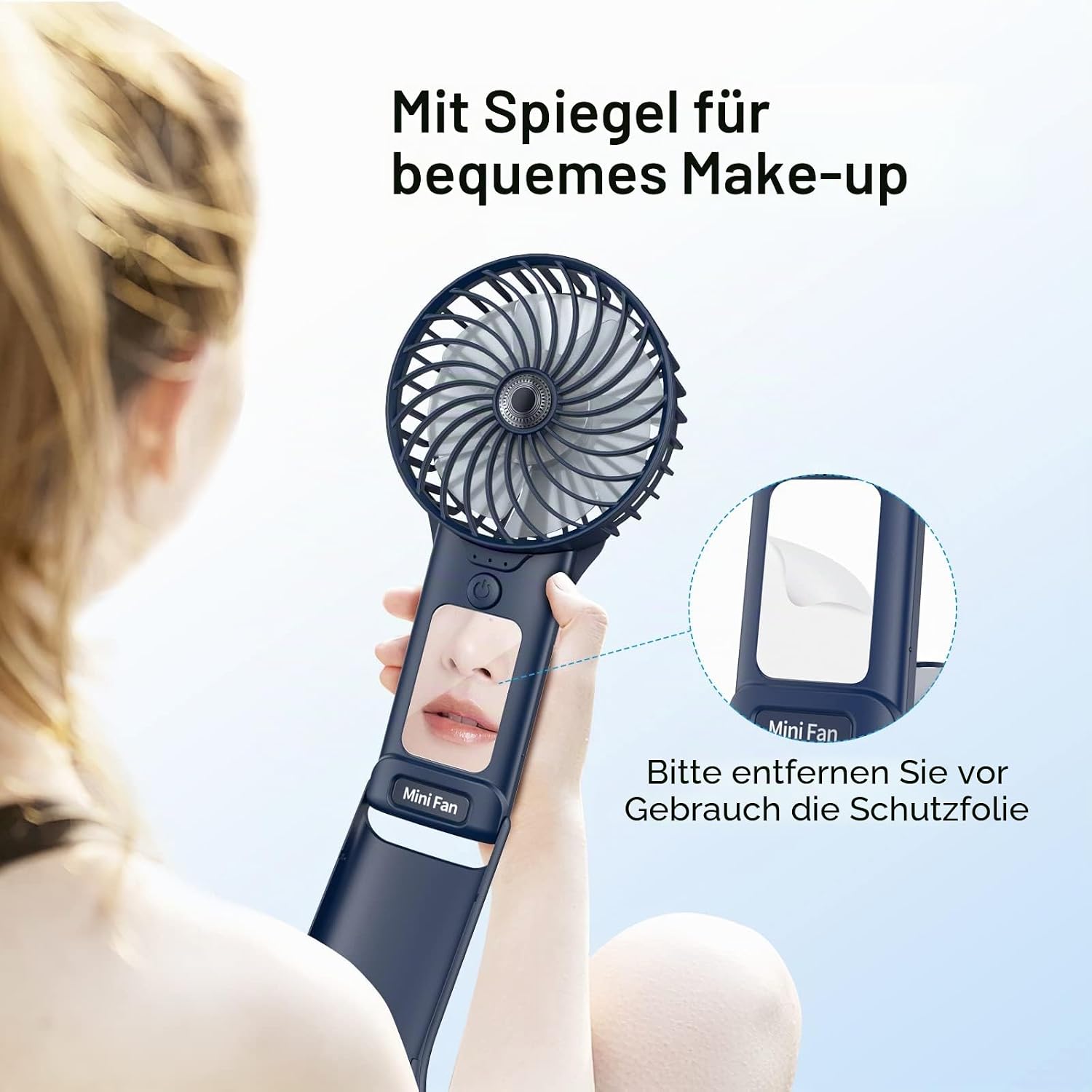 Handventilator USB wiederaufladbar 2000mAh 4 Stufen leiser Mini mit Spiegel