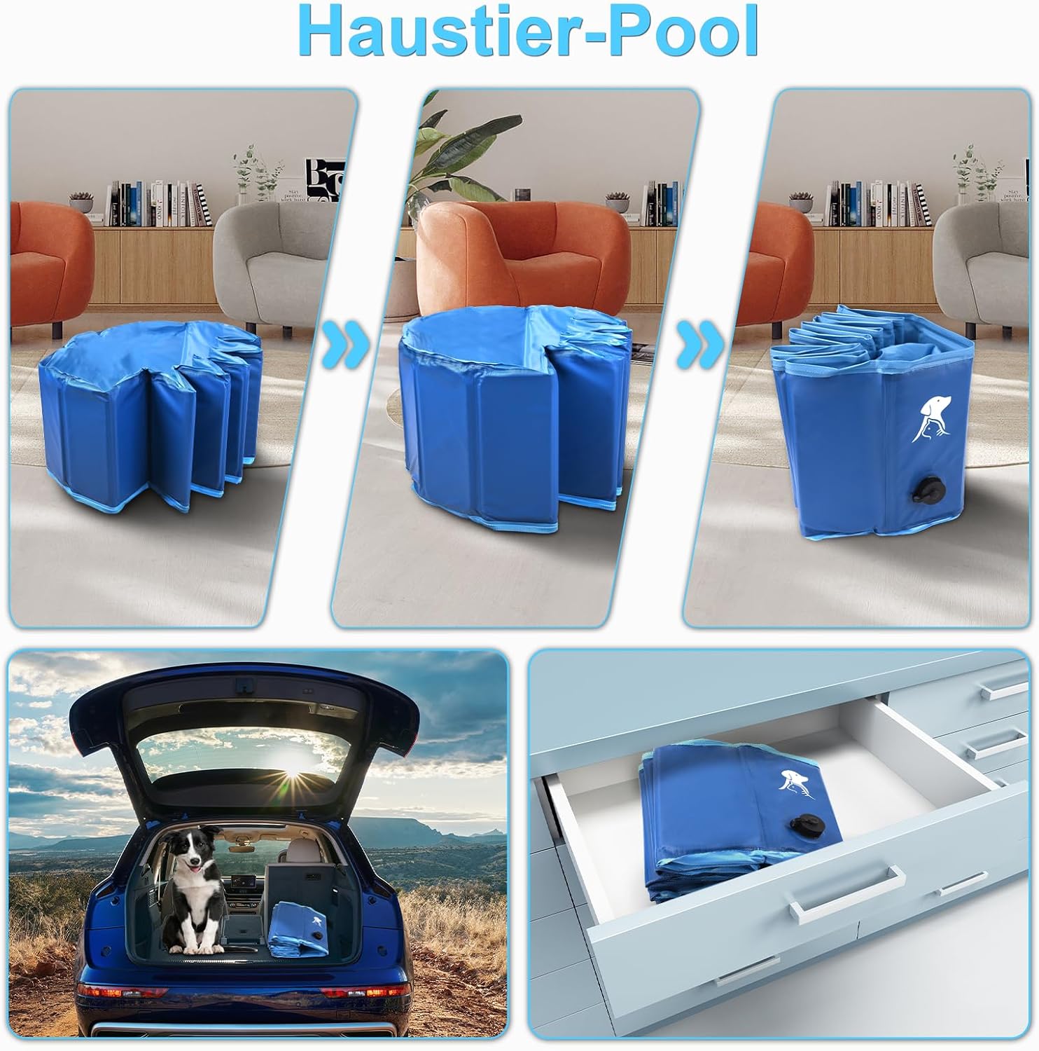 Fwiull Hundepool faltbar 120x30 cm - rutschfester Hundebadewanne Pool blau 80cm
