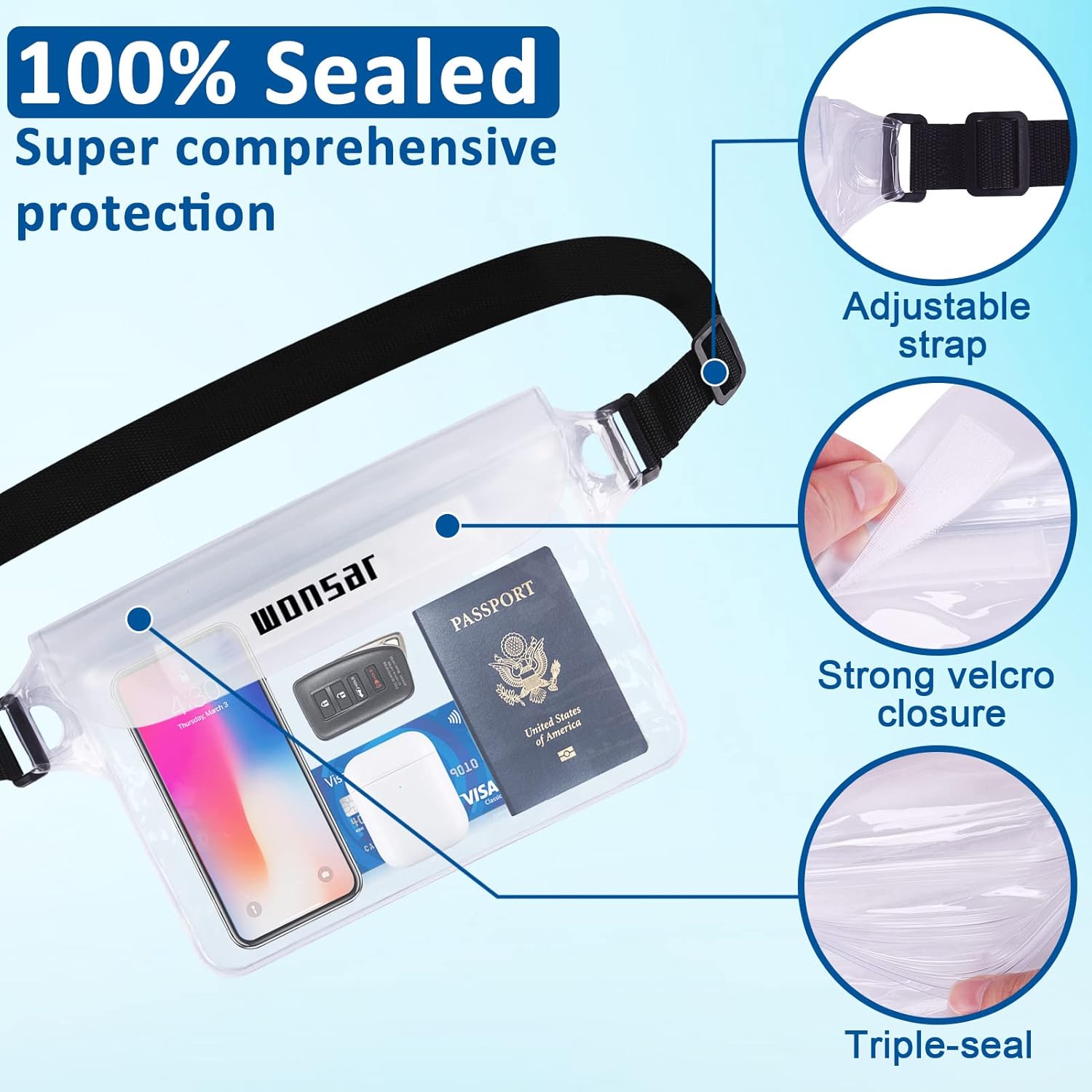 WONSAR wasserdichte Handyhuelle Beutel mit verstellbarem Gurt, transparent