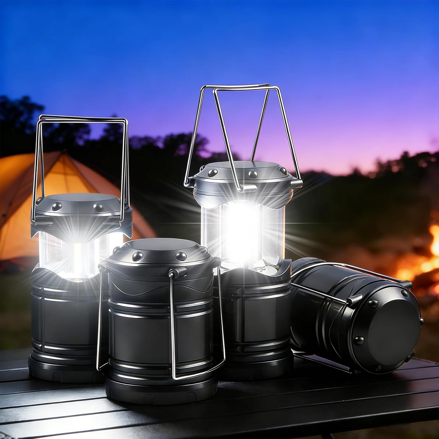 2er Set faltbare LED Campinglampe wasserdicht mit Haken, batteriebetrieben AAA