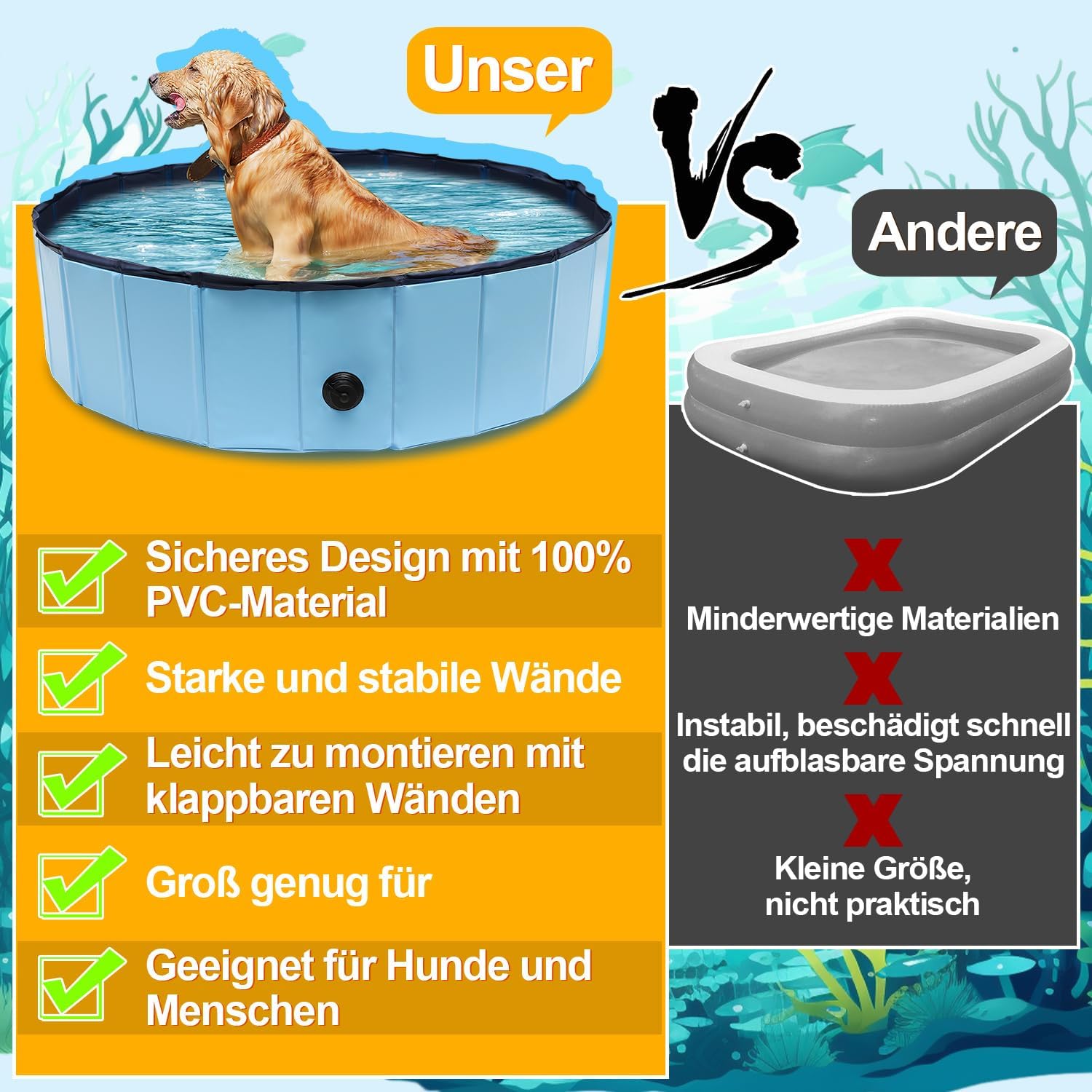 Gimisgu Hundepool 80x20 cm faltbar rutschfest Planschbecken mit Reparaturset Bla