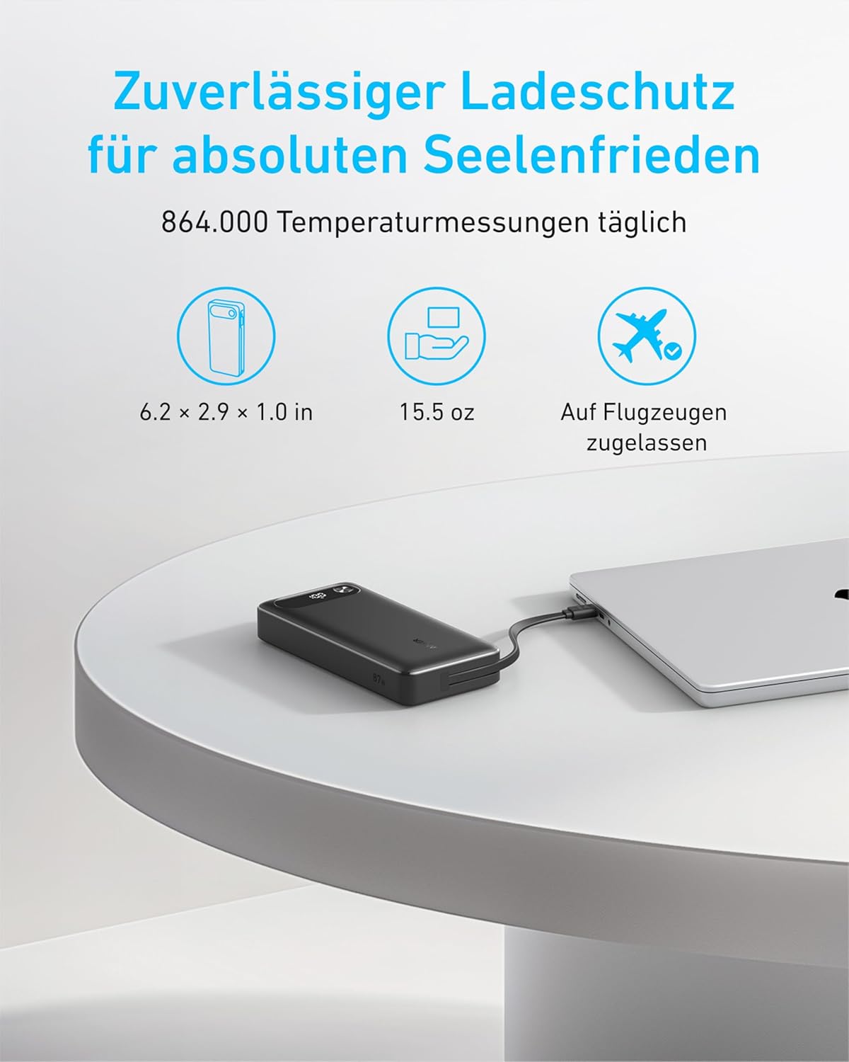 Anker Powerbank 20000 mAh 87W mit integriertem USB‑C Kabel, USB‑A, USB‑C