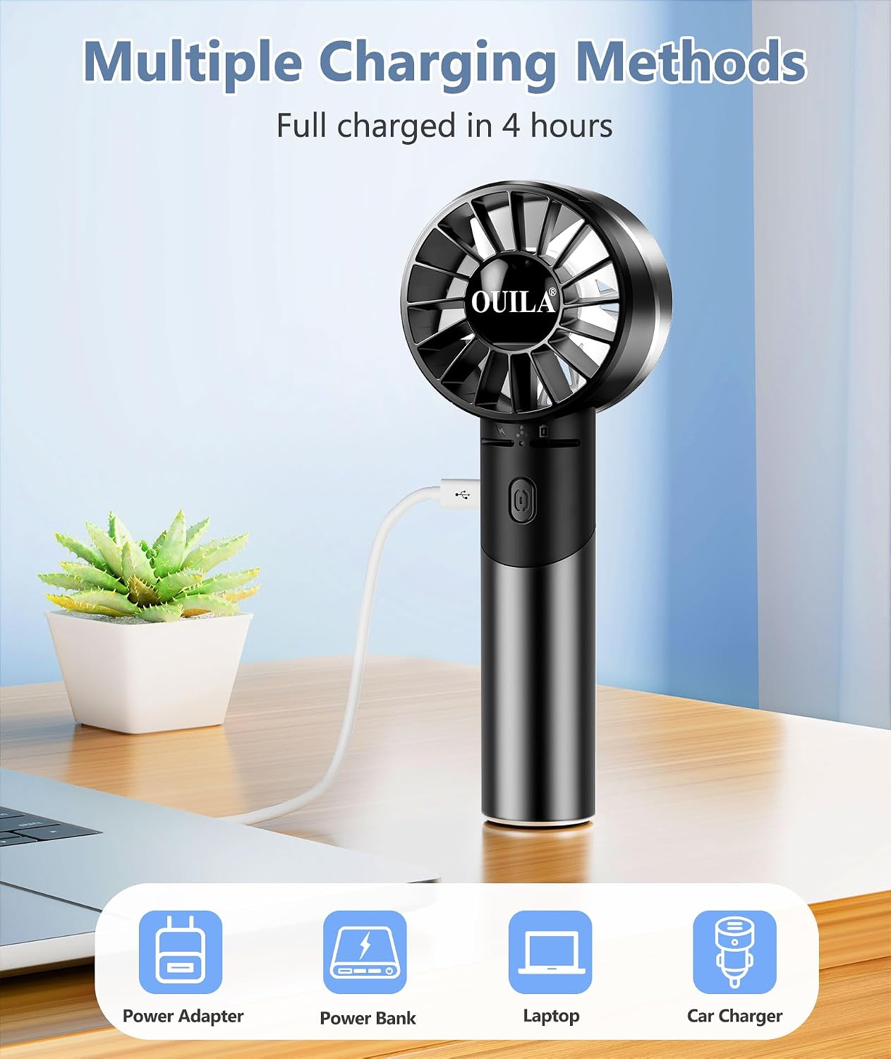OUILA Handventilator USB 2600 mAh Metallgehaeuse 4 Stufen bis 7000 rpm Schwarz