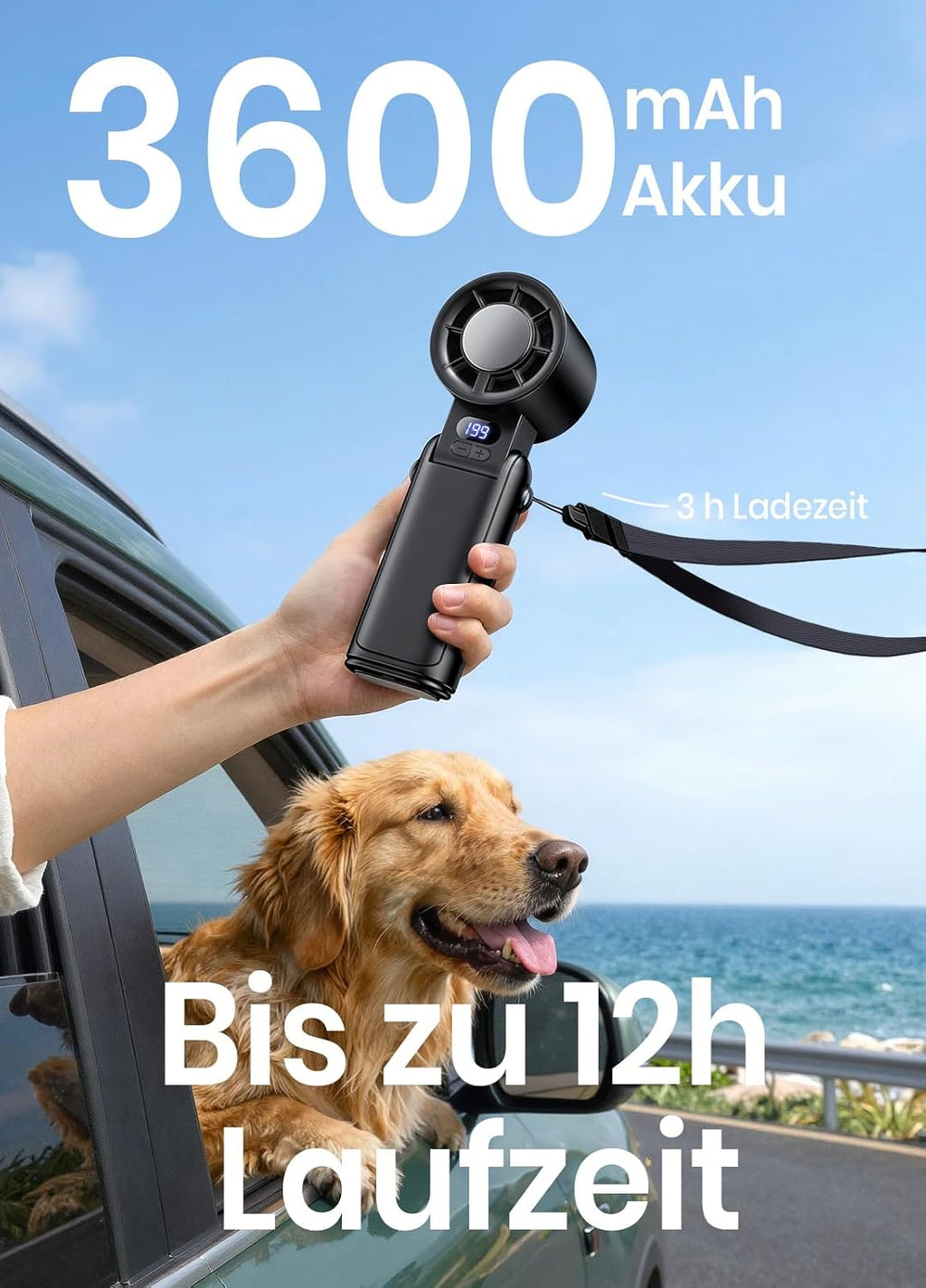 Akku Handventilator 3-in-1 mit Clip LED-Display 1-199 Stufen Tisch Nacken