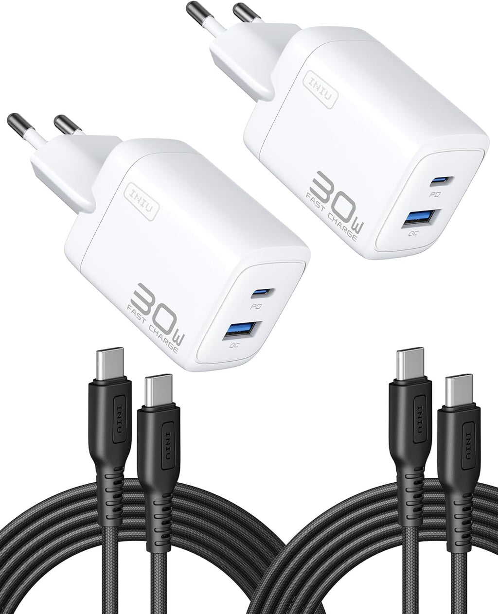 INIU 30W USB-C Netzteil 2er Set mit USB-C und USB-A Kabel, GaN Schnellladegeraet