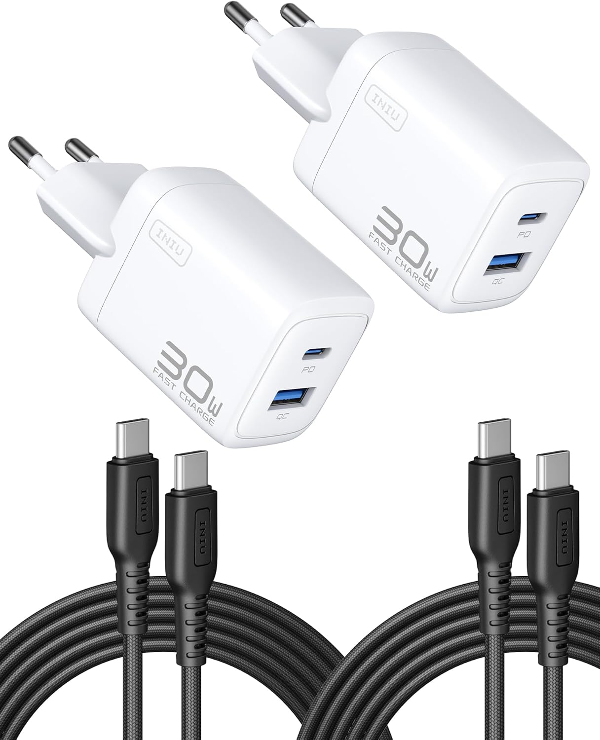 INIU 30W USB-C Netzteil 2er Set mit USB-C und USB-A Kabel, GaN Schnellladegeraet
