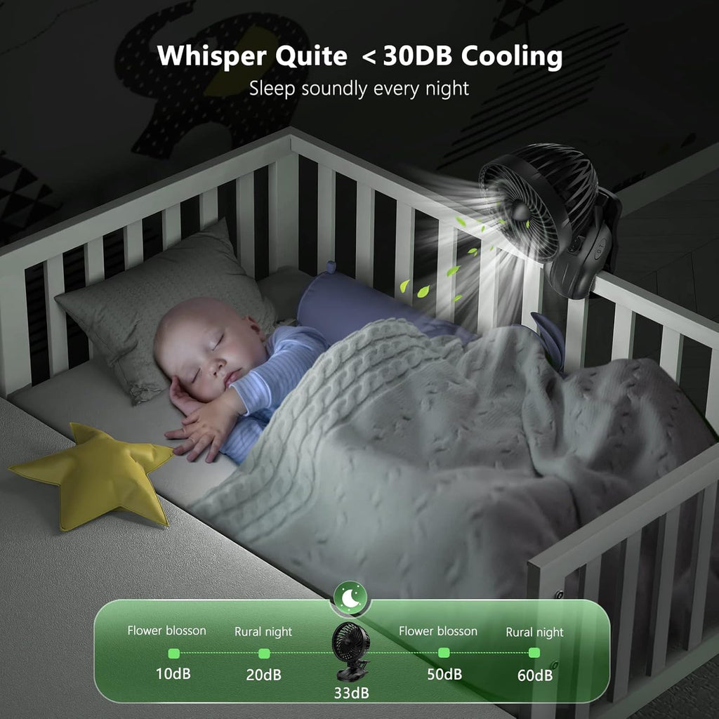 OUILA Mini USB Tischventilator mit Clip 9 Stufen 360° Drehung Schwarz
