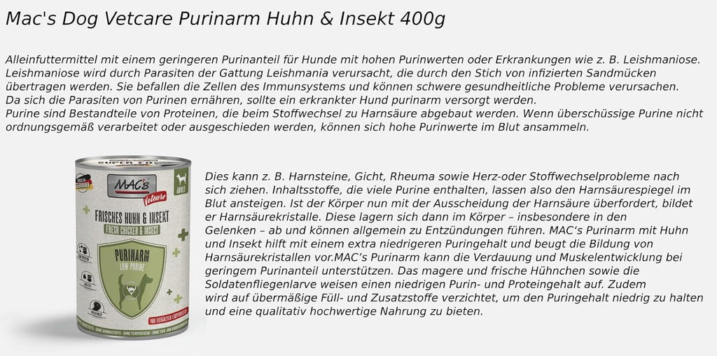 MACs Dog Vetcare Purinarm Huhn & Insekt 6x400g Hunde Nassfutter fuer Purinredukti