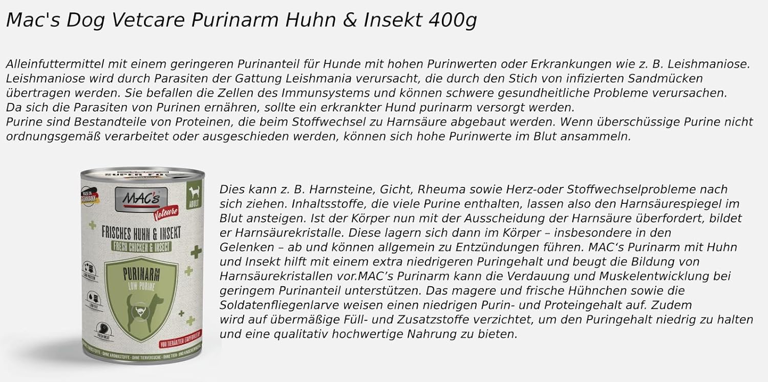MACs Dog Vetcare Purinarm Huhn & Insekt 6x400g Hunde Nassfutter fuer Purinredukti