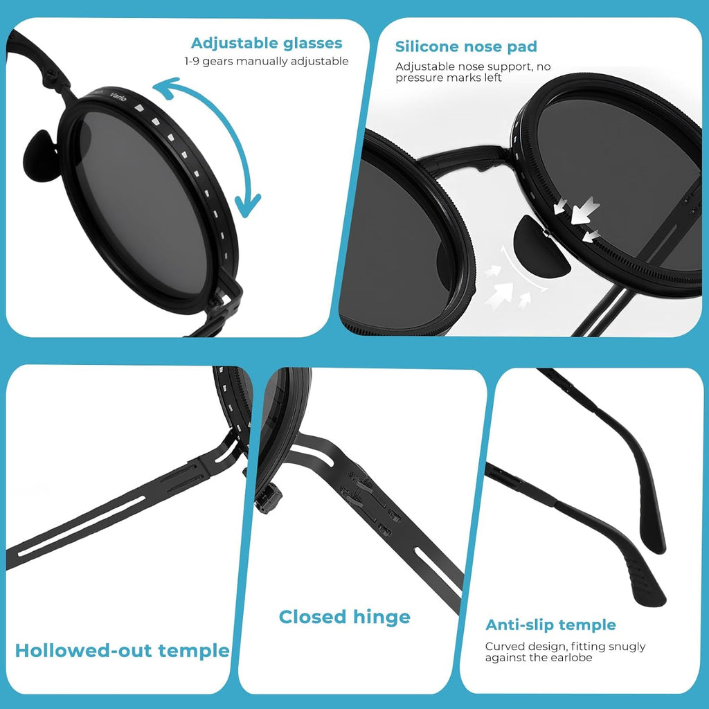 Faltbare runde Sonnenbrille mit 9-stufigem ND-Filter UV400 TAC Glaeser Metallrahm