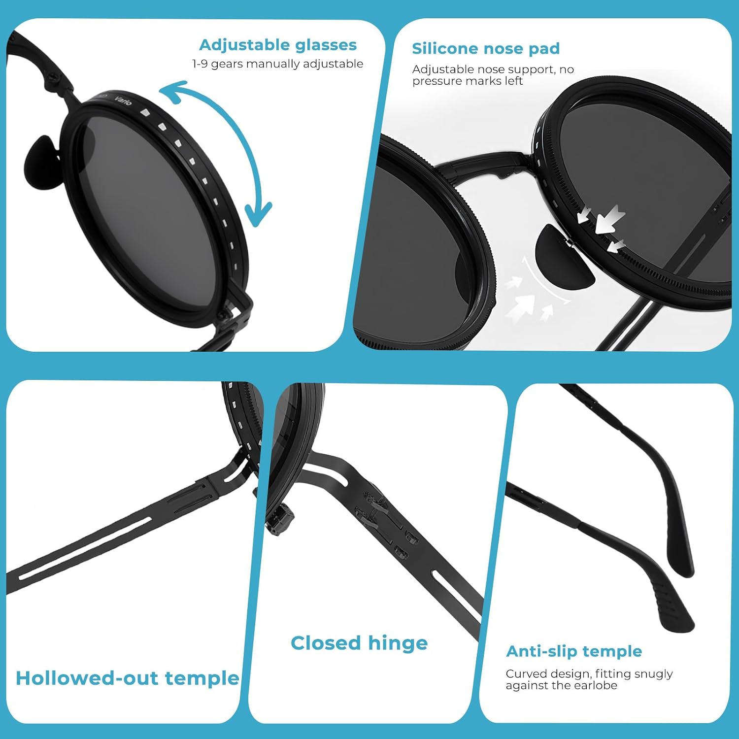 Faltbare runde Sonnenbrille mit 9-stufigem ND-Filter UV400 TAC Glaeser Metallrahm