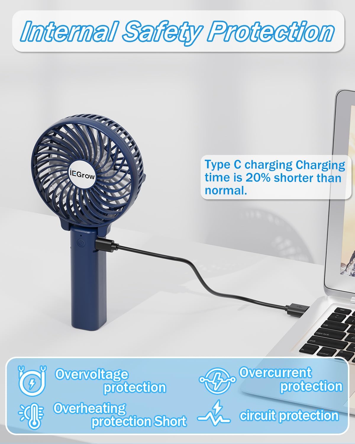 iEGrow tragbarer USB Handventilator wiederaufladbar 3 Geschwindigkeiten Schwarz