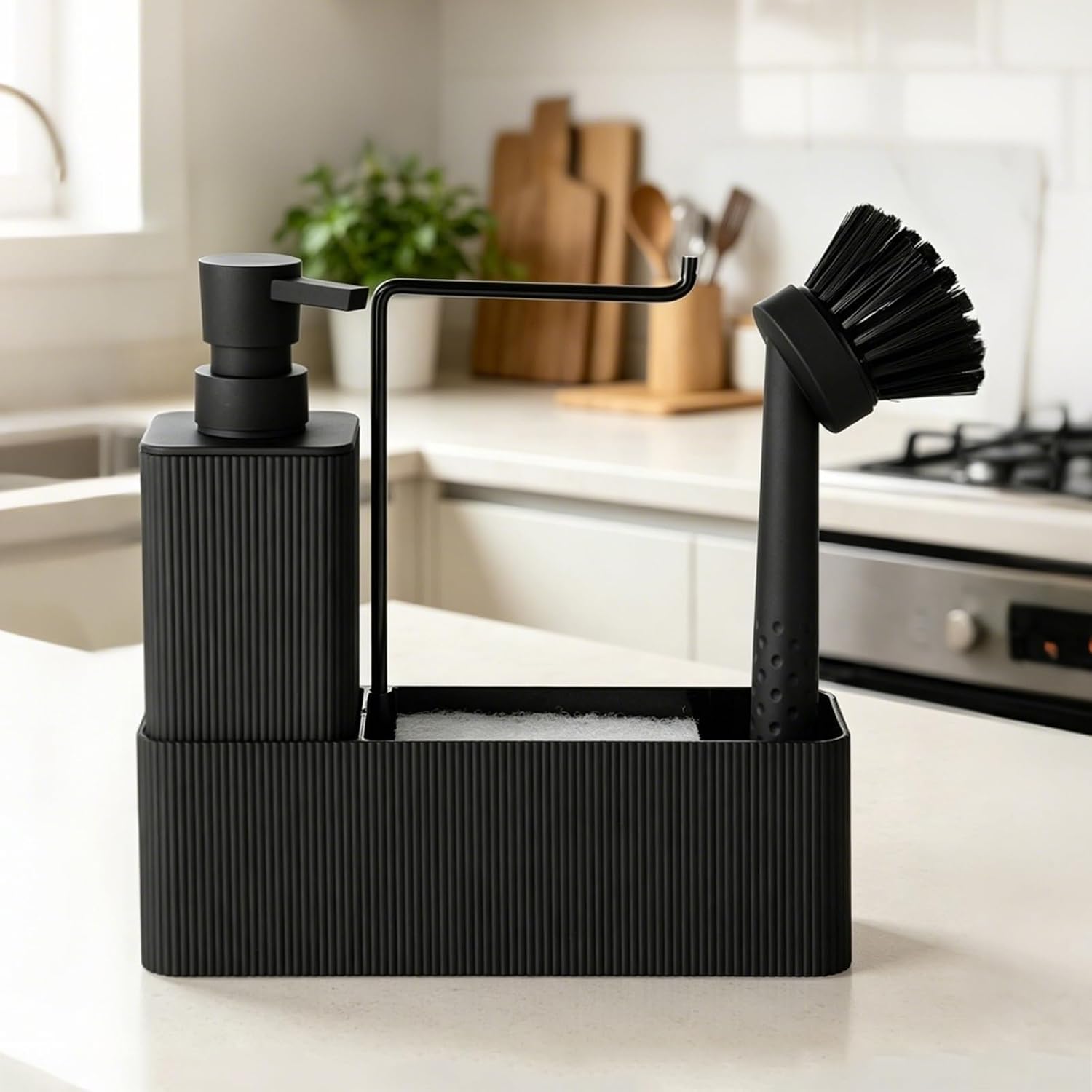 Spuelmittelspender mit Schwammhalter Schwarz Set fuer Kueche Waschbecken